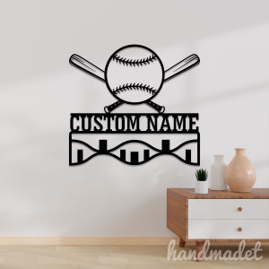 Cabide de medalha de beisebol personalizado, arte de parede de metal, luz led, sinal de metal com nome do jogador de beisebol, suporte de metal esportivo de beisebol, decoração de parede de metal para casa