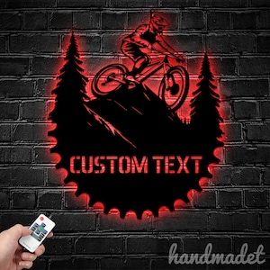 Nombre personalizado bicicleta de montaña metal pared arte luz LED - nombre de motociclista personalizado letrero LED de metal, letrero LED de ciclismo de montaña, decoración de pared del club deportivo