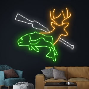 Hunting Fishing Neon Sign, Deer Hunting Neon Light, Fisher Led Light, Fisherman Led Sign, Man Cave Room Wall Decor, Hunter Club Neon Light