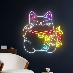 Lucky Cat Fish Neon Sign, Fortune Cat Fish Led Light, Japanese Cat Fish Neon Light, Japan Cat Fish Led Sign, Fish Cat Room Wall Art Decor