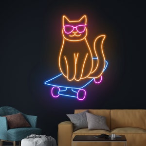 Cat Skateboarding Neon Sign, Skateboard Cat Led Sign, Cat Skateboarder Led Light, Skateboard Player Neon Light, Pet Animal Room Wall Decor