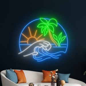 Sun Ocean Waves Palm Tree Neon Sign, Beach Led Sign, Holiday Led Light, Tropical Sea Island Led Sign, Pool Party Room Wall Decor, Best Gift