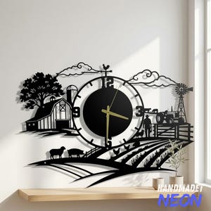 May include: A black metal wall clock featuring a farm scene silhouette with a barn, silo, windmill, tractor, and livestock. The circular clock face has large numbers and gold-colored hands. A rooster weather vane sits atop the clock frame.