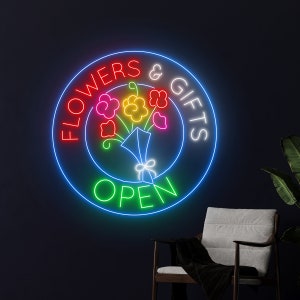 Flowers And Gifts Open Neon Sign, Flower Shop Led Light, Floral Neon Light, Welcome Florist Store Decor, Home Wall Decor, Garden Sign Decor