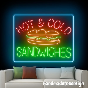Letrero de neón de sándwiches fríos y calientes, letrero LED de sándwiches, luz de neón de sándwiches, luz LED de tienda de sándwiches, arte de pared de comida, decoración de pared de restaurante