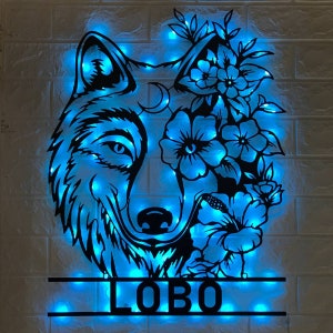 Custom Flower Wolf Metal Wall Art LED Light, Personalized Wolf Moon Sign Home Decor, Night Wolf Dog Metal Sign,Best Gift, Wolf Tree Led Sign
