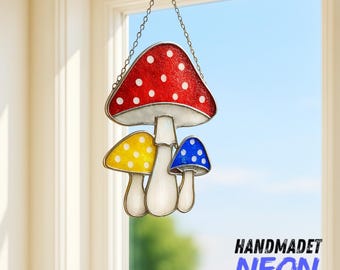 Paddenstoel glas-in-lood suncatcher, handgemaakt paddenstoelraam, op de natuur geïnspireerd interieur