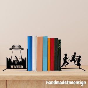 Custom UFO Metal Bookends UFO Name Bookend, UFO Abduction Table Sign, Bookshelf Decor, Book Lover Gift, Ufo Metal Desk Decor, Ufo Home Decor