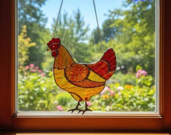 Hen Stained Glass Suncatcher, Handmade Chicken Window Hanging, Hen Decor, Gift for Hen Lovers, Christmas Gifts