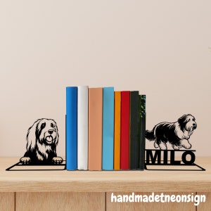 Custom Bearded Collie Metal Bookends Dog Name Bookend, Dog Table Sign, Bookshelf Decor, Book Lover Gift, Dog Metal Desk Decor, Home Decor
