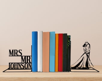 Custom Couple Lover Metal Bookends Couple Name Bookend, Wedding Table Sign, Bookshelf Decor, Book Lover Gift, Gifts For Couple Metal Desk