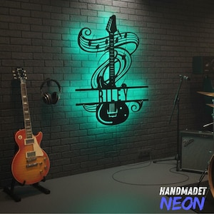 Personalized Guitar Metal Wall Art LED Light, Custom Metal Sign with Electric Guitar, Music Studio Wall Decor, Gift For Guitarist