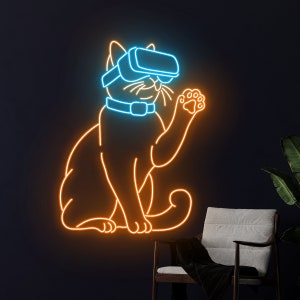 May include: Neon sign of a cat wearing a virtual reality headset. The cat is sitting with its right paw raised. The sign is orange and blue.