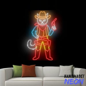 Cat Cowboy Neon Sign, Cowboy Cat Led Sign, Cat Shooting Led Light, Cat Neon Light For Home Room Wall Art, Western Cowboy Home Wall Decor