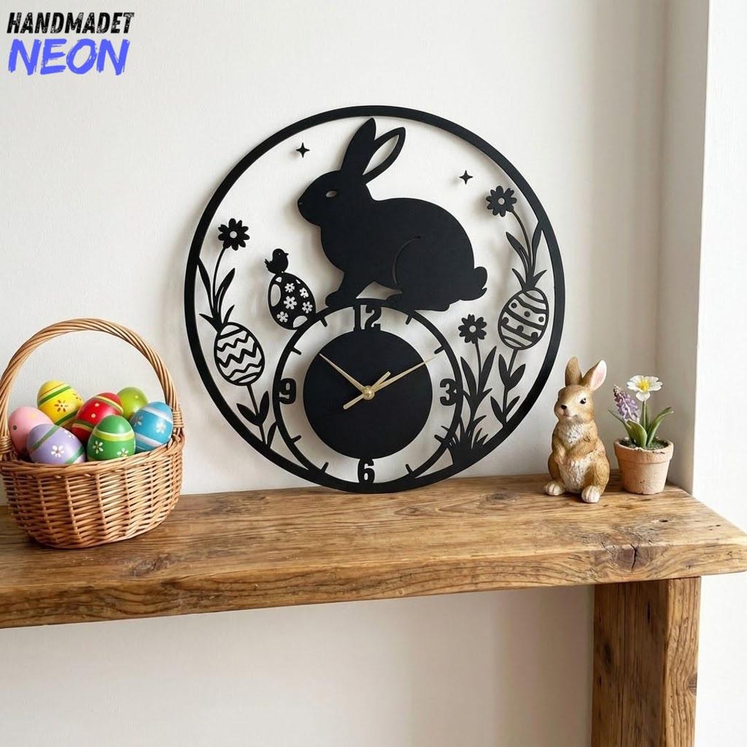 Eastern Rabbit Clock Personalized Rabbit Metal Wall Clock, Custom Easter Wall Art, Handmade ...