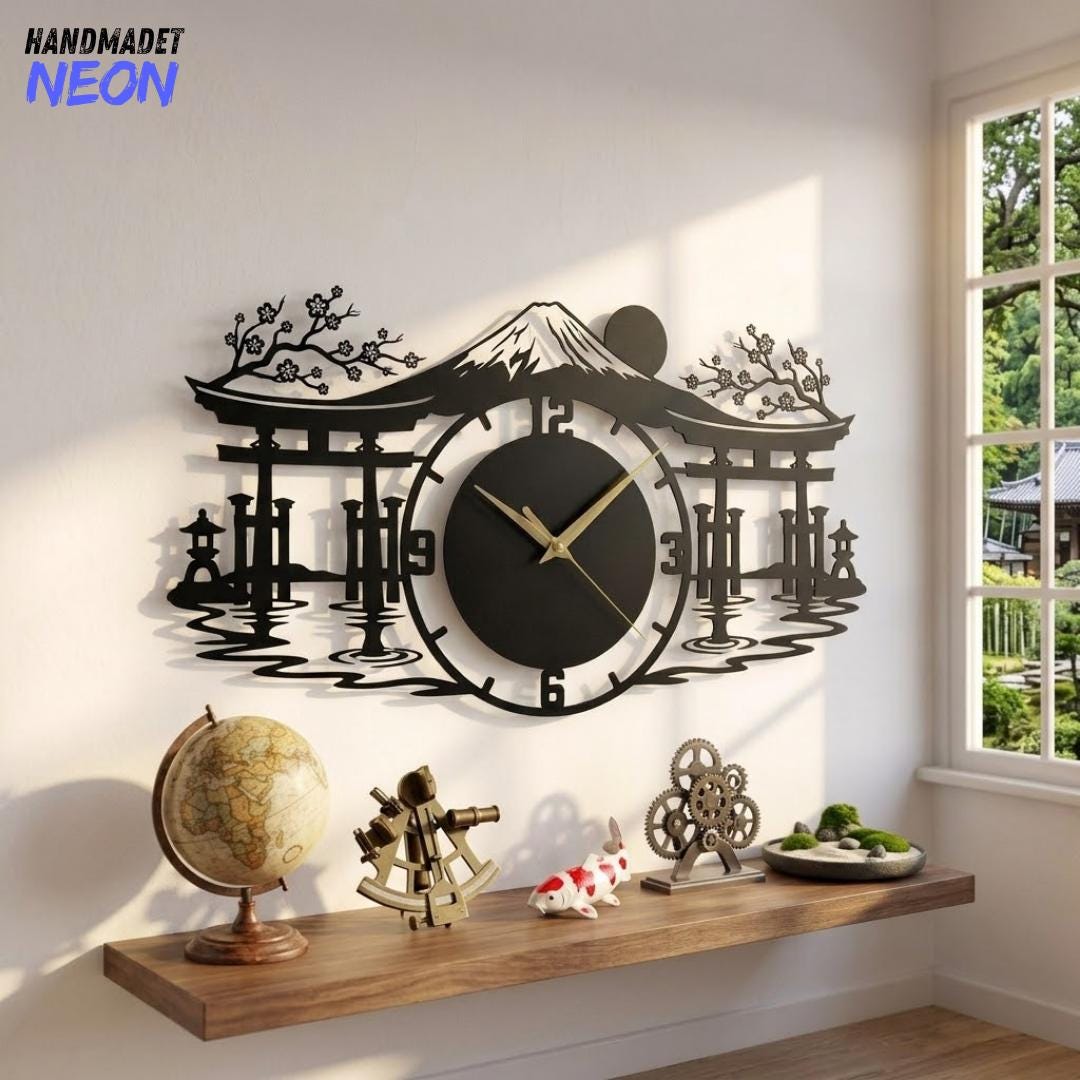 Custom Torii Gate Metal Wall Clock, Fuji Mountain Wall Art Decor
