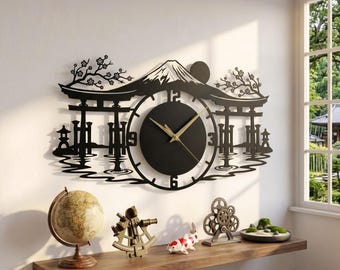 Custom Torii Gate Metal Wall Clock, Fuji Mountain Wall Art Decor