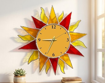 Custom Celestial Sun Stained Glass Clock, Geometric Suncatcher for Wall Decor, Boho Home Art Sign