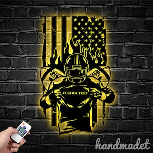 Custom US Flag Football Metal Wall Art LED Light - Personalized America Football Player Name Sign Home Decor, Custom Football Fan Club Light