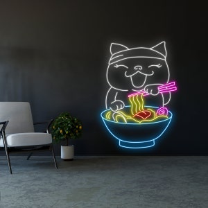 Cat Eating Ramen Neon Sign, Ramen LED Light, Japanese Noodles Neon Light, Room Wall Decor, Restaurant Neon Sign, Cat Eating Ramen Neon Light