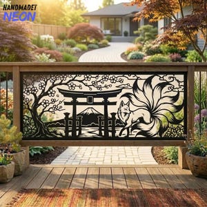 May include: A black metal decorative panel featuring a laser-cut design of a nine-tailed fox standing beside a traditional torii gate. The scene includes a cherry blossom tree on the left and a mountain silhouette in the background, creating a detailed landscape motif.