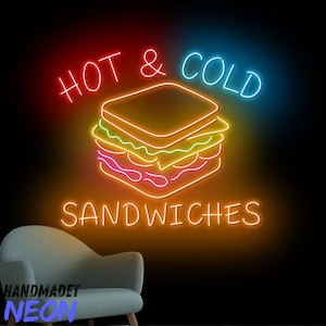 Letrero de neón de sándwiches fríos y calientes, letrero LED de sándwiches, luz de neón de sándwiches, luz LED de tienda de sándwiches, arte de pared de comida, decoración de pared de restaurante