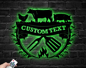 Custom BBQ Metal Wall Art LED Light - Personalized Barbecue Name Sign Home Decor - Grill Meat Metal Signs - Food Restaurant Party Led Lights