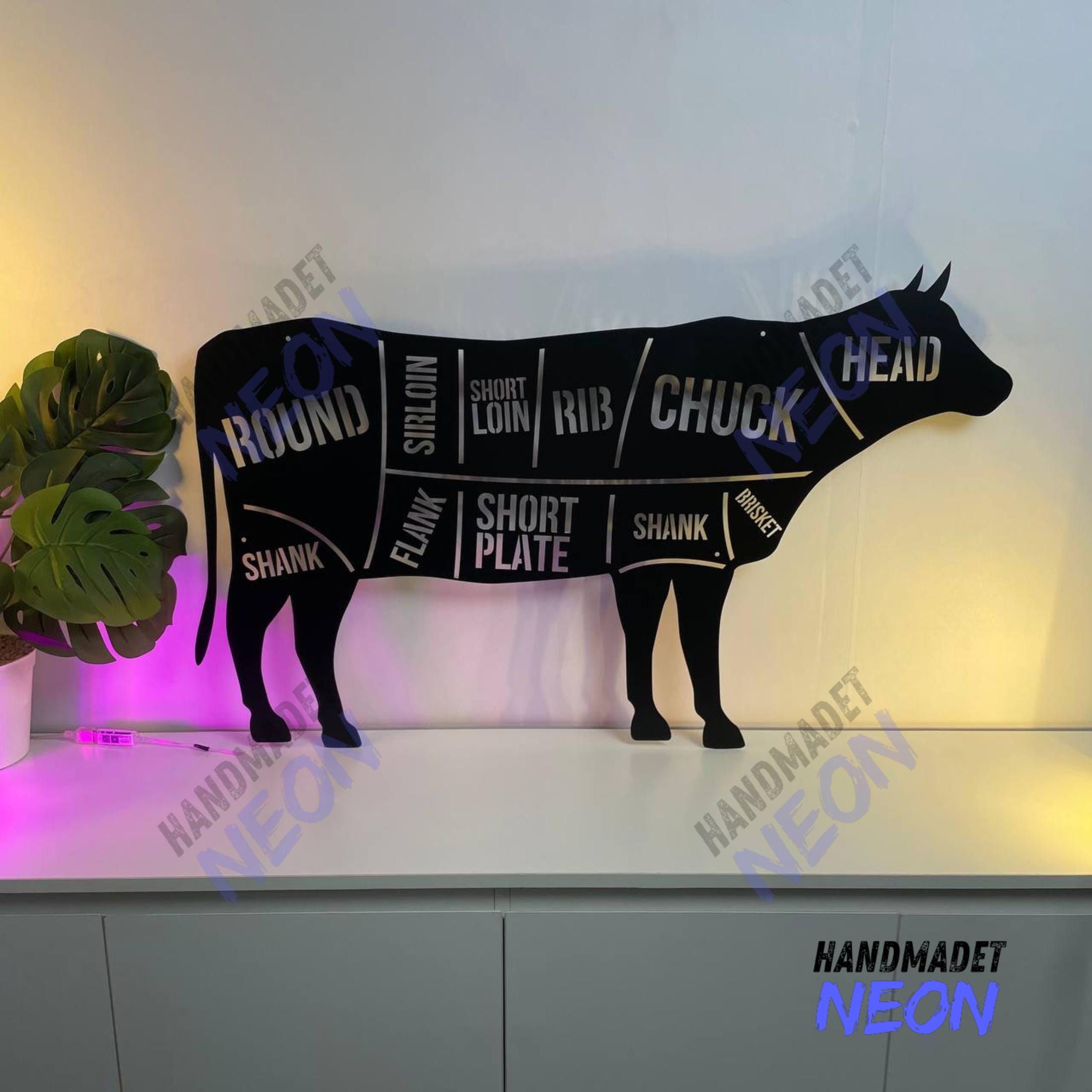 Personalized Cow Beef Cuts Metal Wall Art LED Light, Custom Meat ...