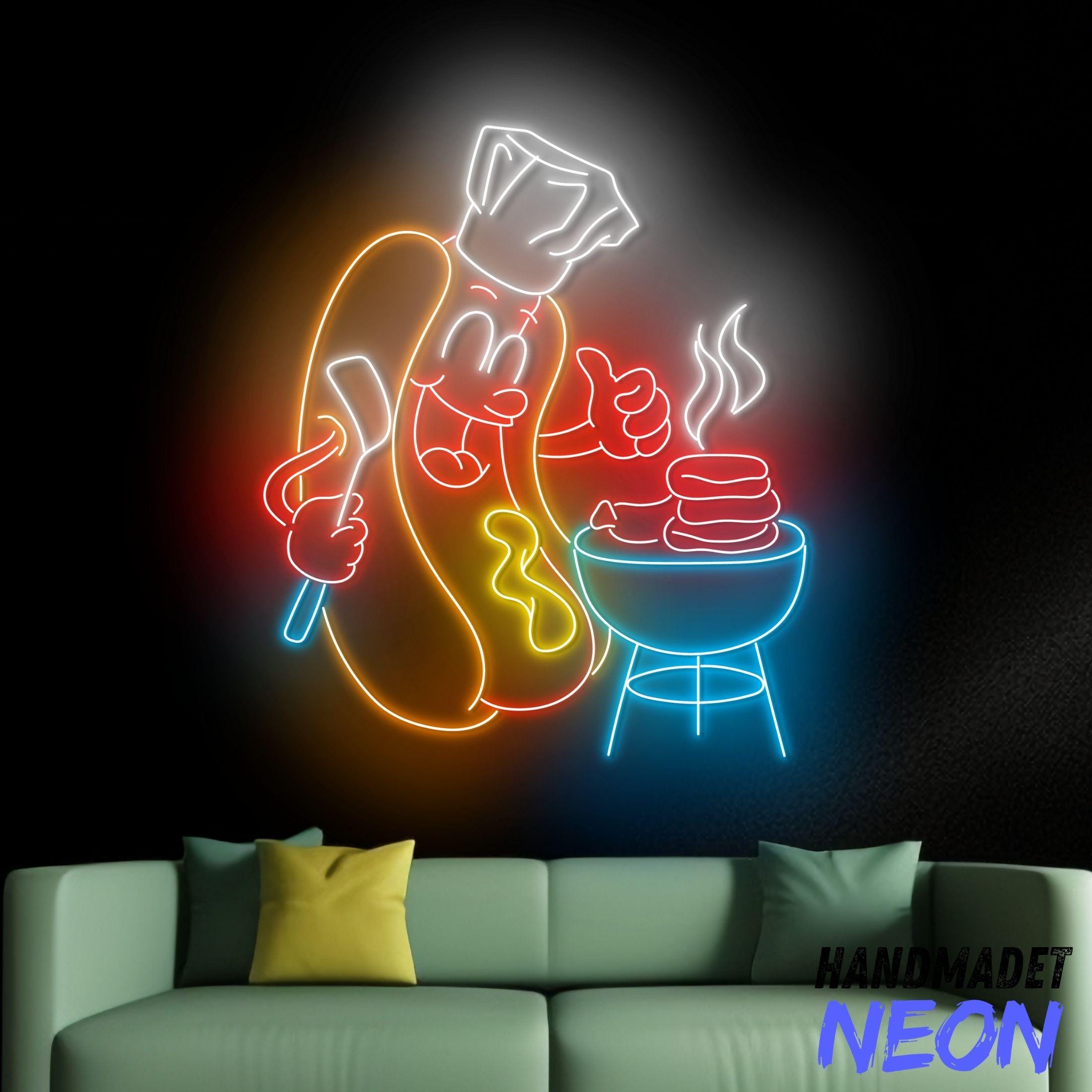 Hot Dog Chef Neon Sign, Barbecue Led Sign, Grill Meat Neon Light