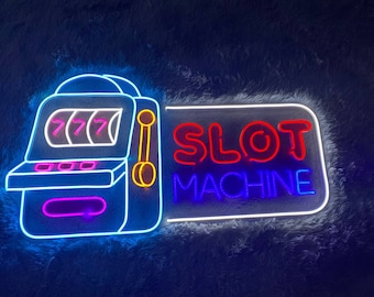 Slot Machine Neon Sign, Slot Machine Led Light, Casino Decor, Game Icons For Casino, Playing Cards Aces, Poker Club And Casino Decor