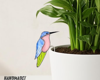 Hummingbird Stained Glass Garden Stake, Handmade Bird Plant Decor, Glass Hummingbird Ornament for Nature Lovers