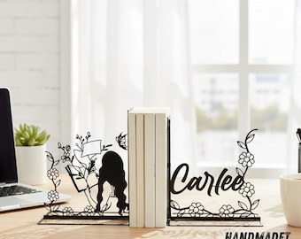 Gepersonaliseerde meisjesleesboek metalen boekensteunen, aangepaste naam boekensteunen met meisjesleesboek, cadeau voor haar of boekenliefhebber, decor boekwinkel