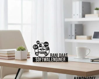 カスタムソフトウェアエンジニアデスクネームプレート、ソフトウェアエンジニアデスク用メタルネームプレート、デスクネームプレート、オフィス装飾、ITデスクネームプレート