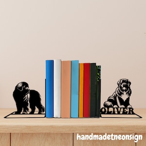 Custom Newfoundland Dog Metal Bookends, Dog Name Bookend, Dog Table Sign, Pet Bookshelf Decor, Book Lover Gift, Dog Metal Desk Home Decor