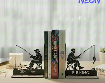 Personalized Fisherman Metal Bookends with Name, Custom Fishing Metal Book Stopper, Gift For Fish Lover, Man Cave Decor