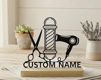 Decoración de escritorio de metal personalizada para peluquero, arte de mesa de peluquería personalizado, decoración de barbería, regalo de peluquero, adorno de salón hecho a mano