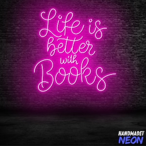 Life is Better with Books Neon Sign, LED Wall Light for Book Lovers, Reading Nook, Library or Book Room Decor