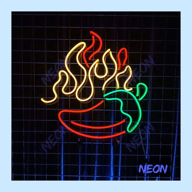 May include: A neon sign featuring a red chili pepper with green accents and yellow flames. The word "NEON" is displayed in blue. The sign is set against a black grid background.