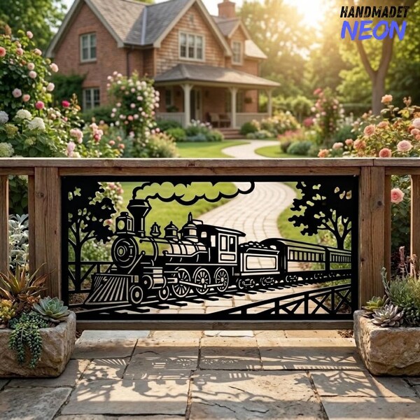 Custom Train Metal Railings, Vintage Balcony Guard Art Sign, Rustic Outdoor Yard Decor
