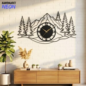 Custom Mountain Metal Wall Clock, Pine Tree Forest Wall Art Sign, Rustic Cabin Home Decor