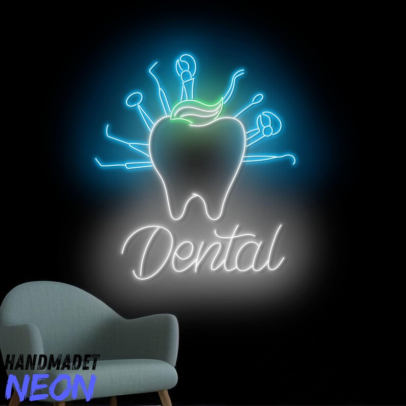 Tooth In Script Dental Tooth Neon Sign, Dentist Led Sign, Dental Instruments Neon Light ...