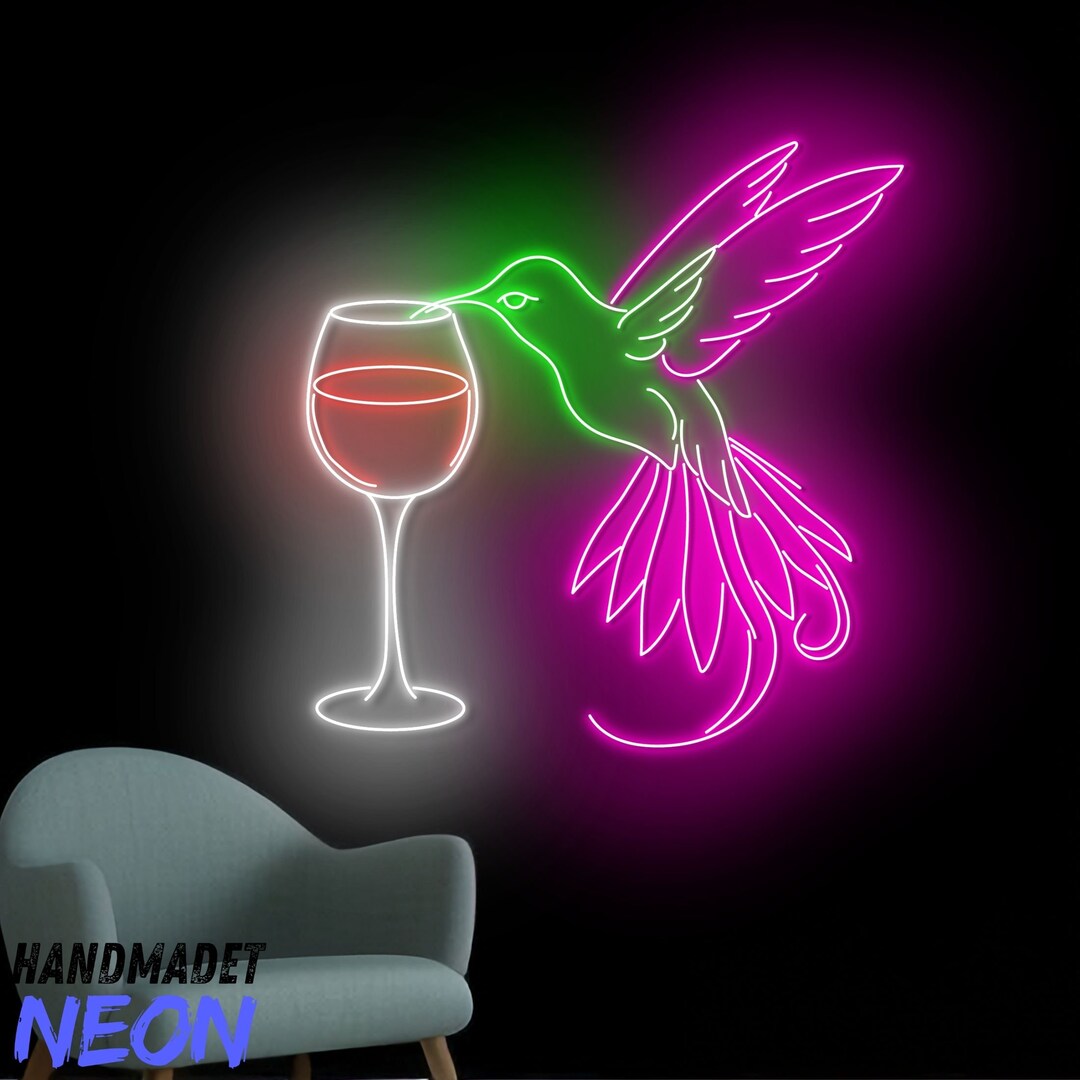 Hummingbird Drinking Wine Neon Sign, Hummingbird Led Sign, Wine Glass ...