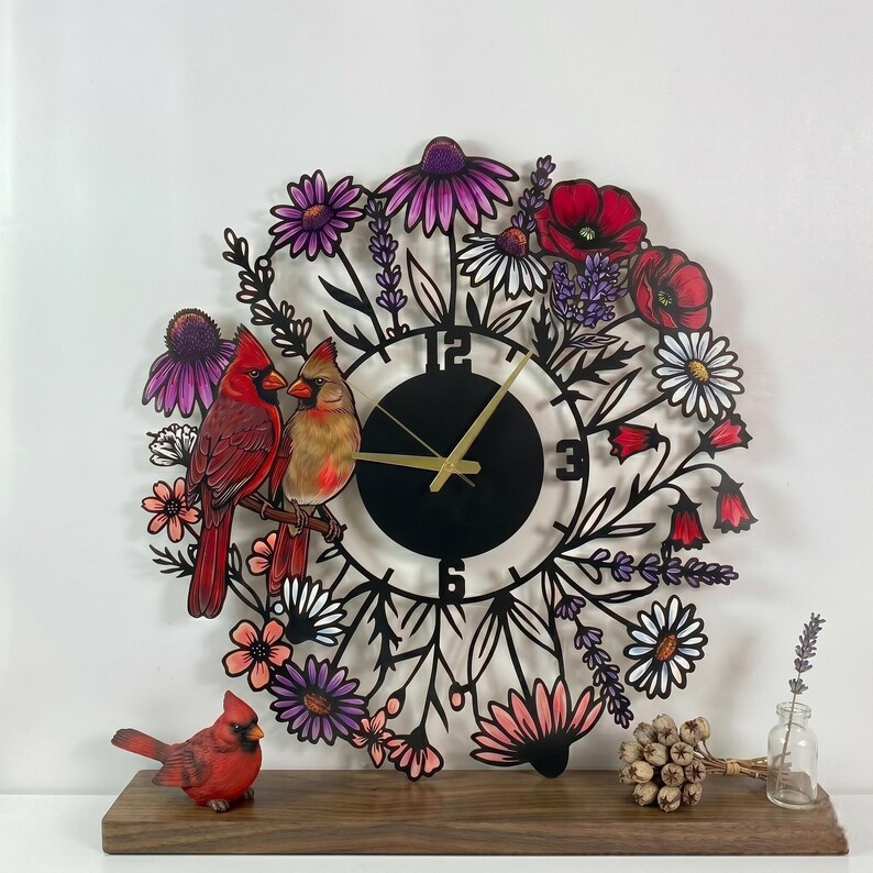 Personalized Cardinal Metal Wall Clock, Colorful Floral Wall Art Decor ...