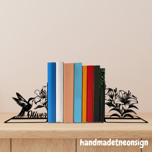Custom Hummingbird Flower Metal Bookends Hummingbird Name Bookend, Flower Table Sign, Bookshelf Decor, Book Lover Gift, Animal Metal Desk