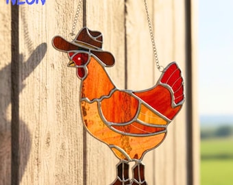 Cowboy Chicken Stained Glass Suncatcher: Western Farm Hen Window Hanging, Chicken Coop Decor
