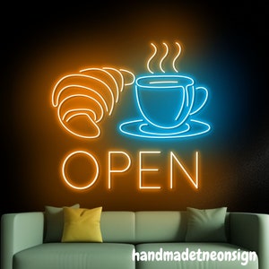 Coffee Croissant Open Neon Sign, Croissant Led Sign, Coffee Cup Led Light, Food Drink Neon Light, Kitchen Wall Decor, Coffee Store Wall Sign