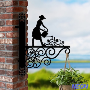 Personalized Woman Watering Flowers Hanging Bracket, Gardener Hanging Basket Bracket, Hanging Bracket For Garden, Metal Sign Garden Decor