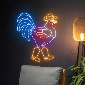 Cowboy Rooster Neon Sign For Wall Decor, Chicken LED Light Up Sign Western Wall