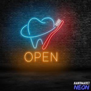 OPEN Dentist Neon Sign, Tooth & Toothbrush LED Wall Light for Dental Clinic, Orthodontist Office, Reception or Hygiene Room
