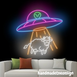 UFO Abduction Cow Neon Sign, UFO Cow Led Sign, UFO Alien Neon Light, Alien Led Light, Cow Animal Wall Art Light, Ufo Alien Home Wall Decor